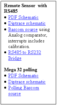 Text Box: Remote Sensor  with RS485
	PDF Schematic
	Diptrace schematic 
	Bascom source using Analog comparator, interrupts includes calibration.
	RS485 to RS232 Bridge

Mega 32 polling
	PDF Schematic
	Diptrace schematic 
	Polling Bascom source